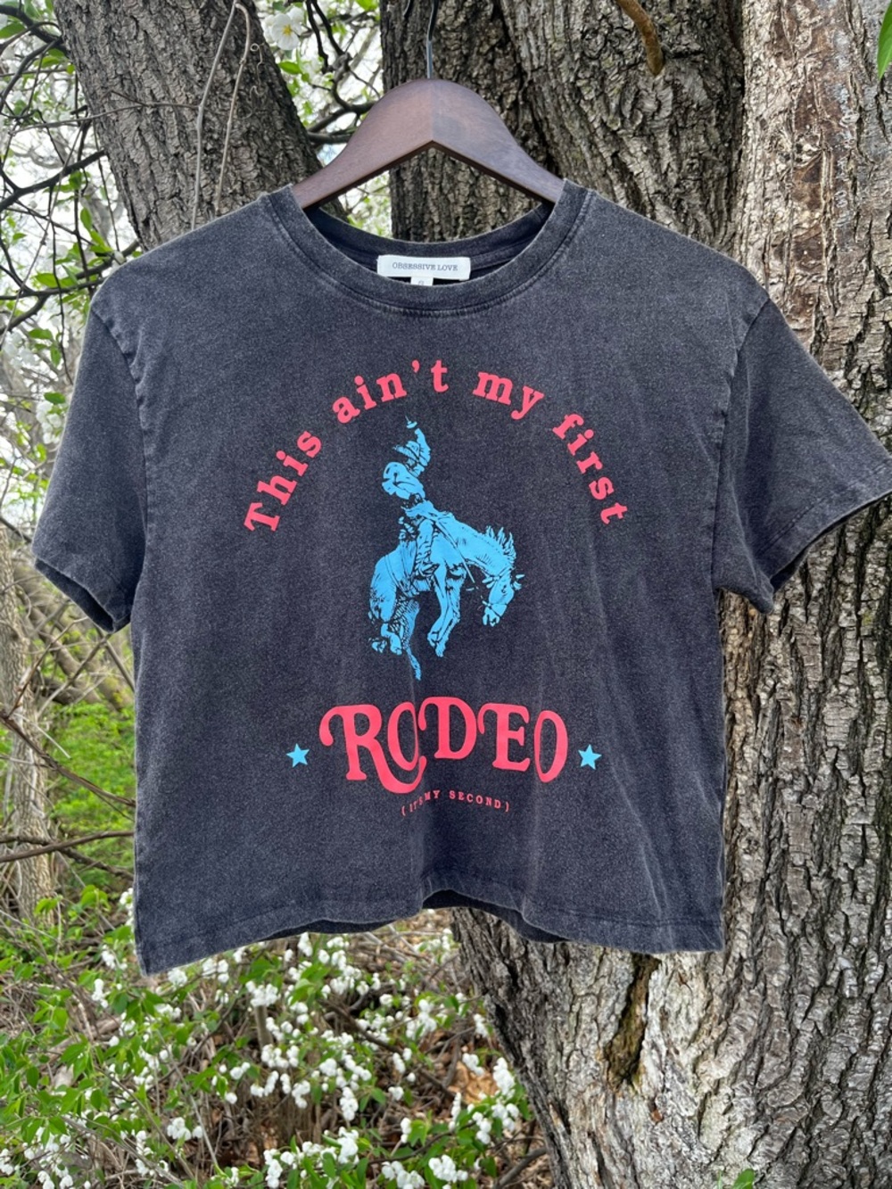 Obsessive Love Black Crop Tee with Blue & Red Rodeo Graphic